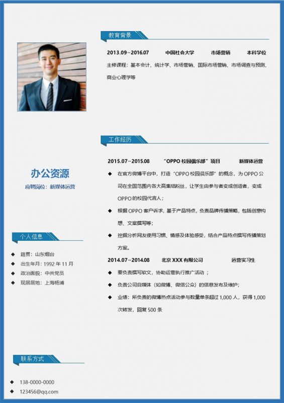 商务风新媒体运营岗位通用求职简历Word模板-办公资源网