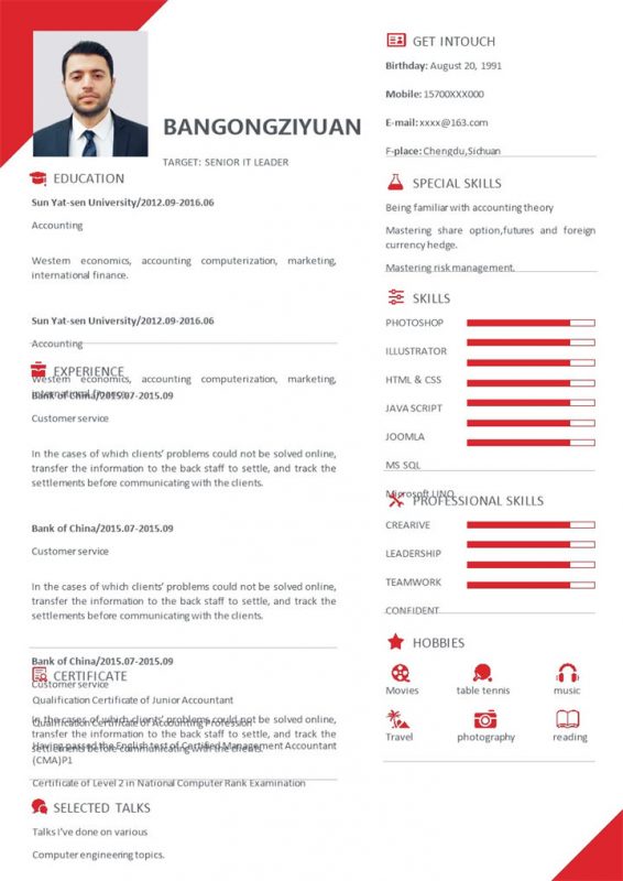 红白简约英文版高级it主管个人工作简历Word模板-办公资源网