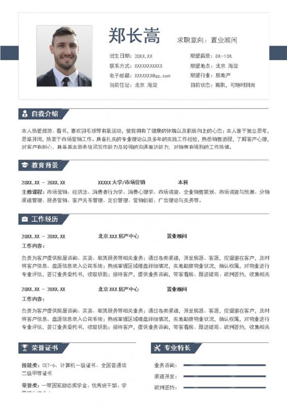 稳重大气置业顾问岗位个人求职简历Word模板-办公资源网