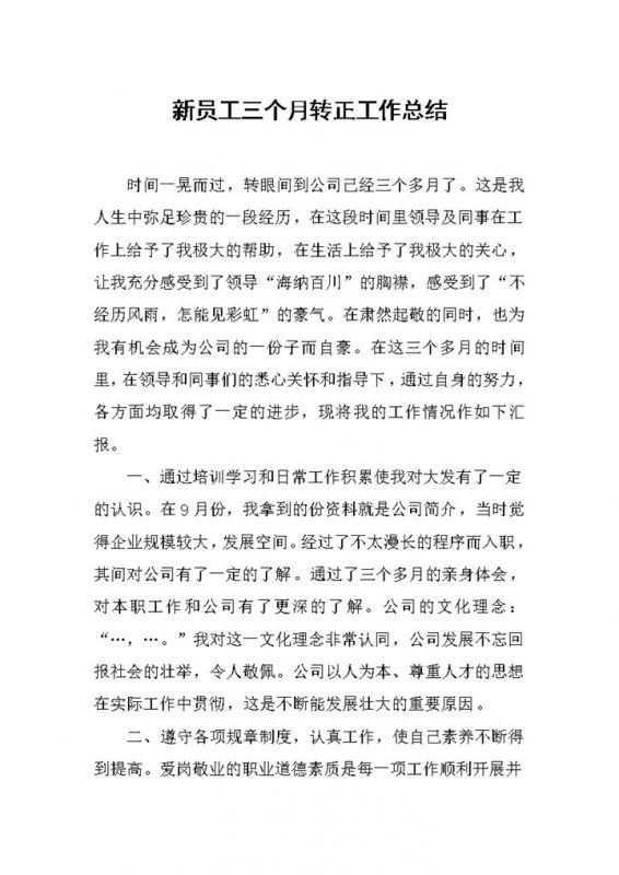 新入职员工三个月转正工作总结汇报Word模板-办公资源网