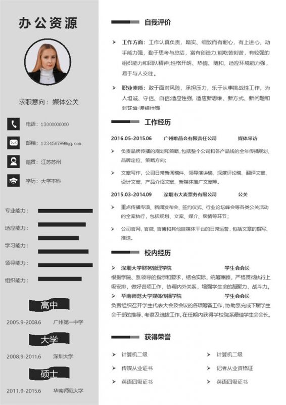 灰色简约风通用媒体公关pr个人简历Word模板 (3)-办公资源网