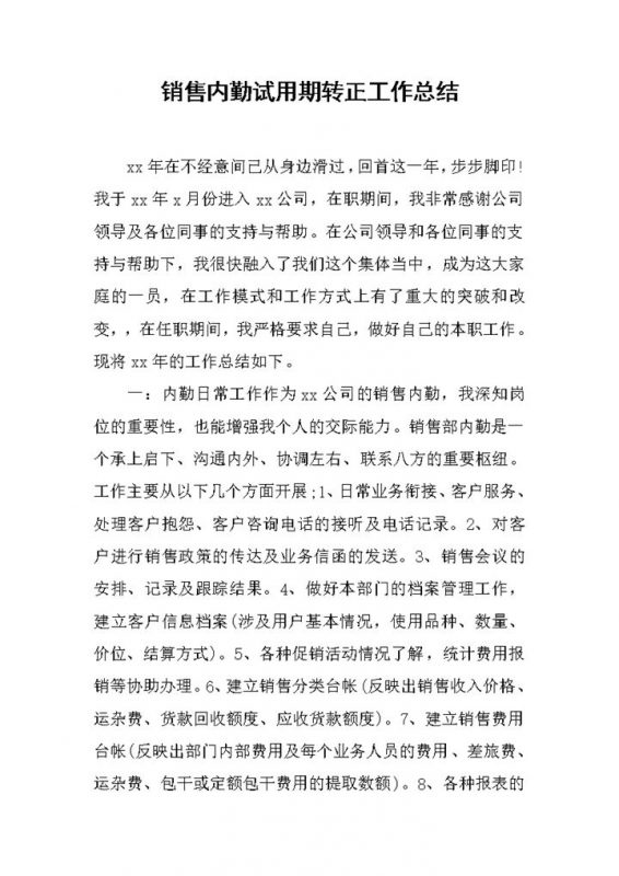 系统完整销售内勤试用期年终转正工作总结Word模板-办公资源网