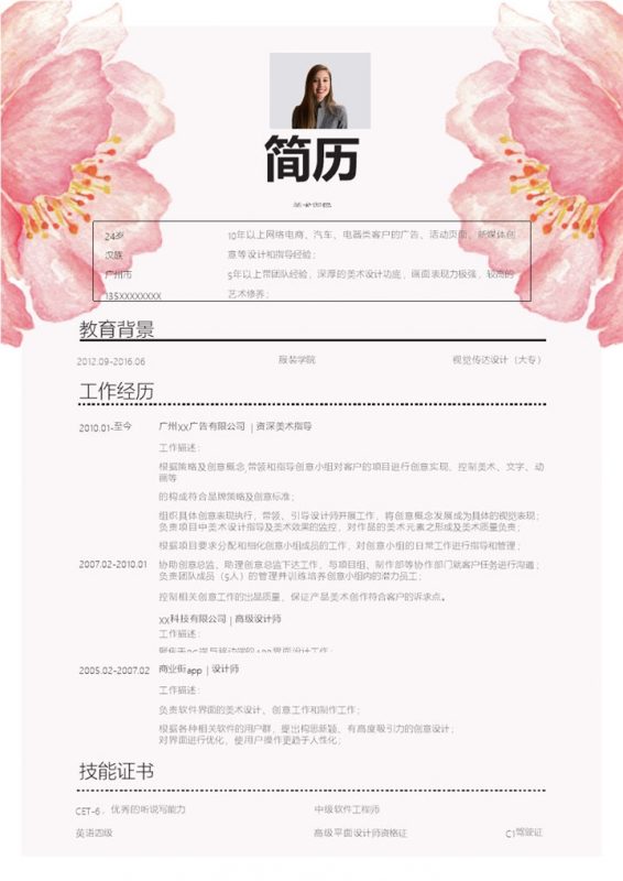 实用唯美风格美术指导岗位个人求职简历Word模板-办公资源网