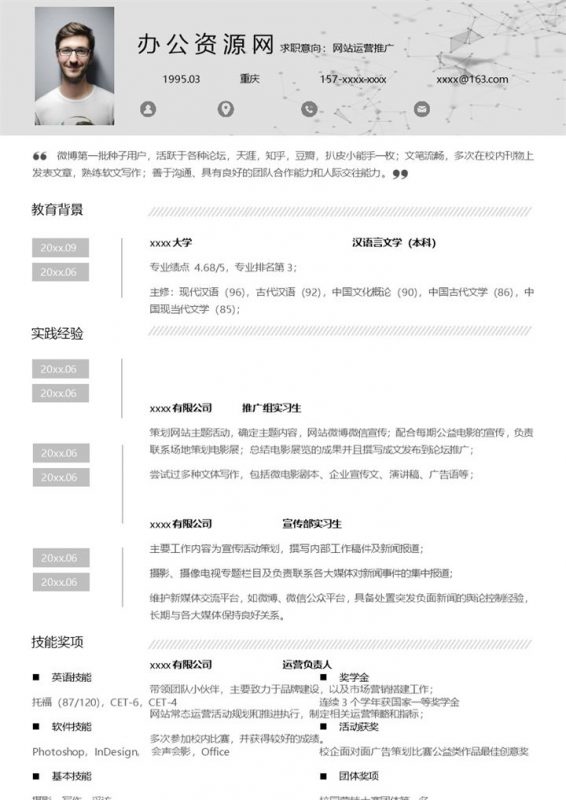 灰白商务风格网站运营推广个人求职简历Word模板-办公资源网