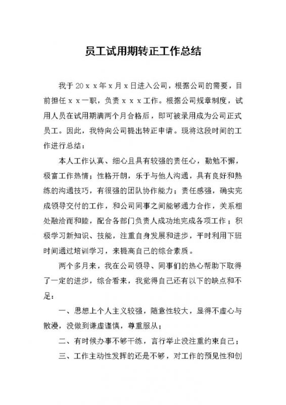 经典实用新员工个人试用期转正年终工作总结Word模板-办公资源网