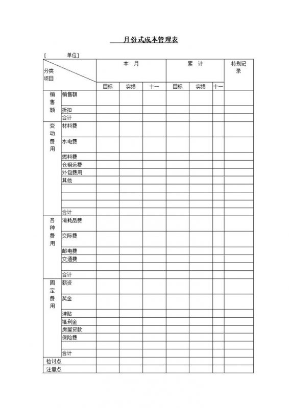 月份式成本管理表word模板-办公资源网
