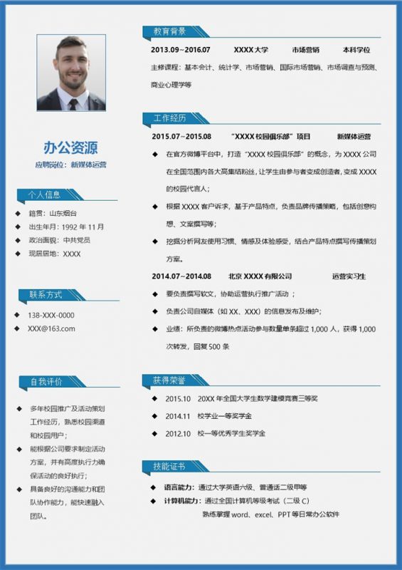 稳重商务风新媒体运营相关岗位个人求职简历Word模板-办公资源网