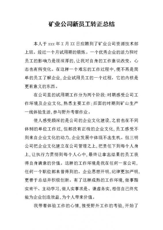 矿业公司企业新员工试用期转正工作总结报告Word模板-办公资源网