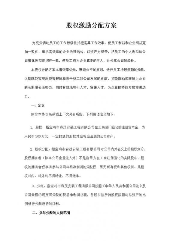 私人企业公司通用公司股权分配方案范本Word模板-办公资源网