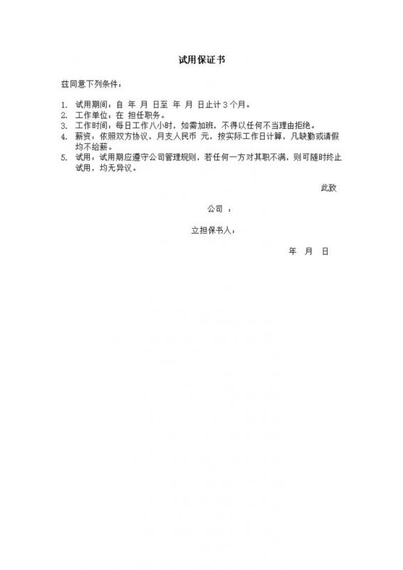 公司员工试用保证制度书word模板-办公资源网