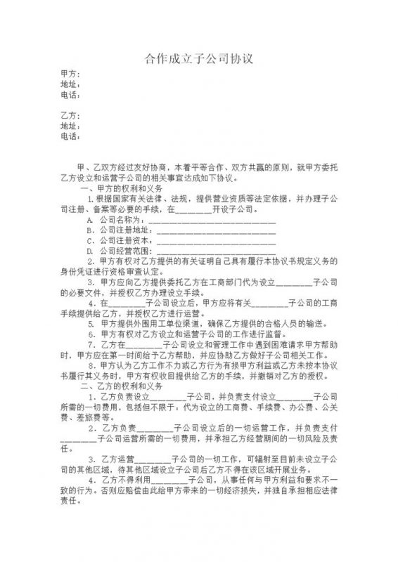 合作成立子公司运营经营事宜协议word模板 (2)-办公资源网