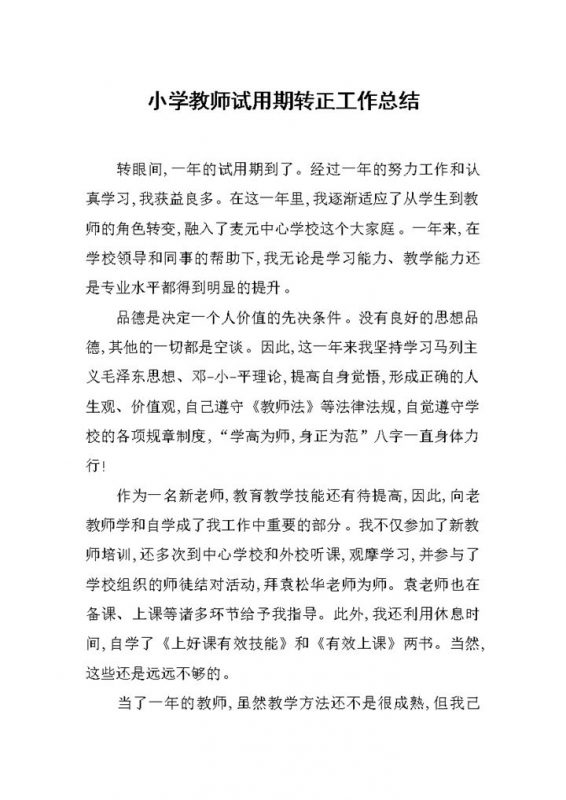 小学教师试用期转正工作总结报告Word模板-办公资源网
