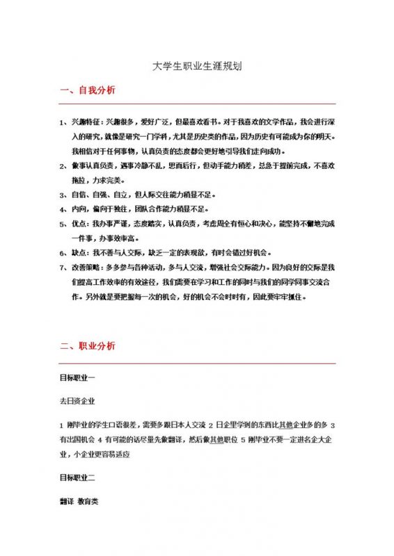 日语专业大学生职业生涯规划书Word模板-办公资源网