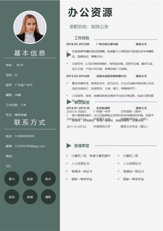 绿色简约风通用媒体公关pr求职简历Word模板-办公资源网