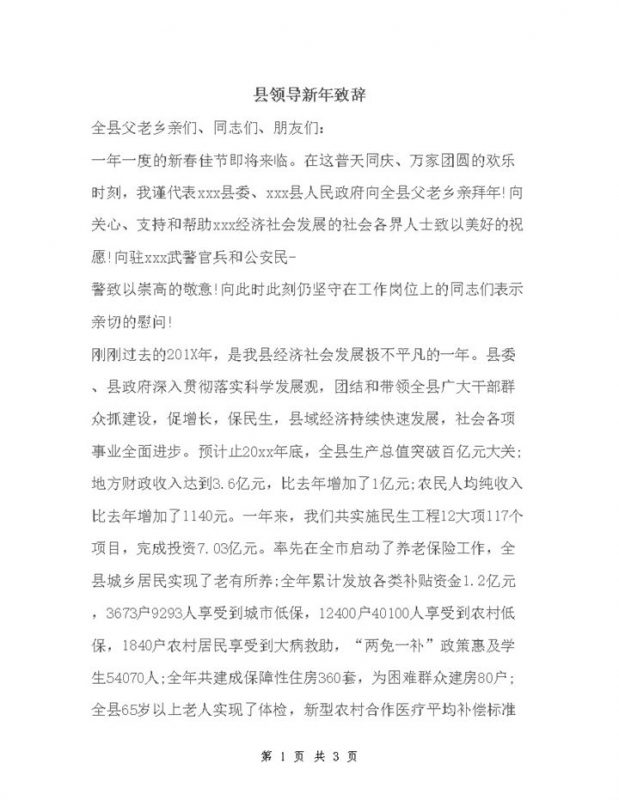 县领导新年致辞范文精选word模板-办公资源网