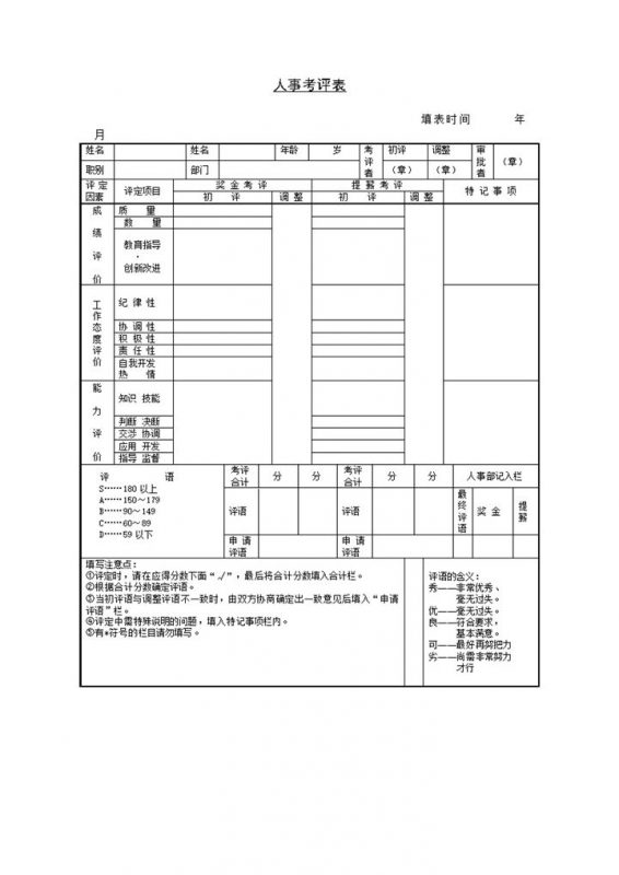 企业人事通用常用员工考评表Word模板-办公资源网