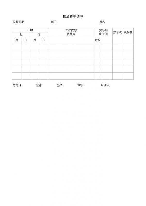 公司工作员工加班费用申请表word模板-办公资源网