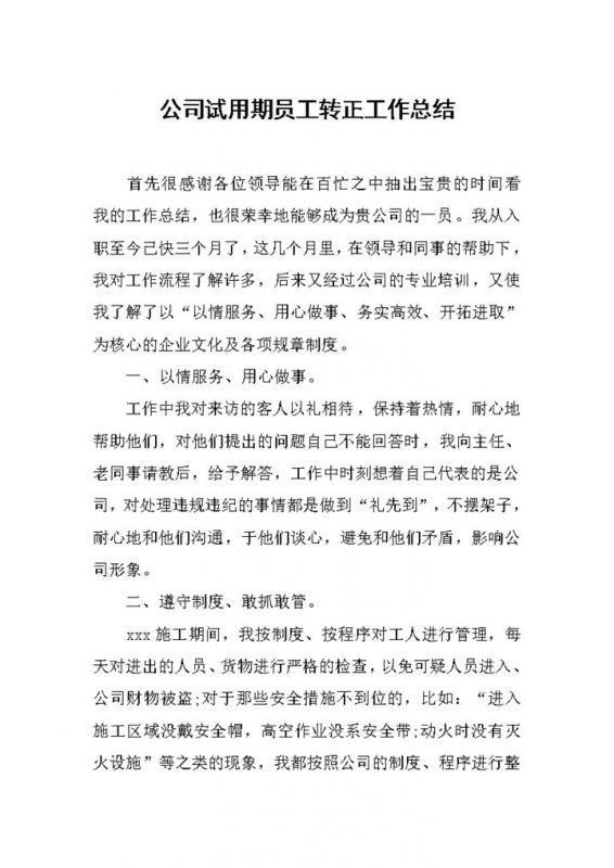 试用期员工转正工作总结个人工作总结范本Word模板-办公资源网
