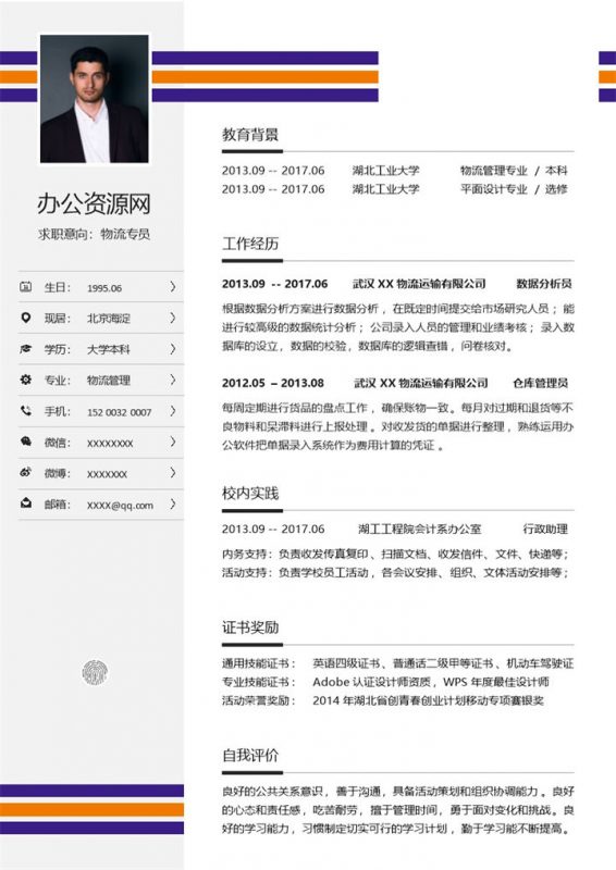 白色简约风格物流专员个人求职简历Word模板-办公资源网