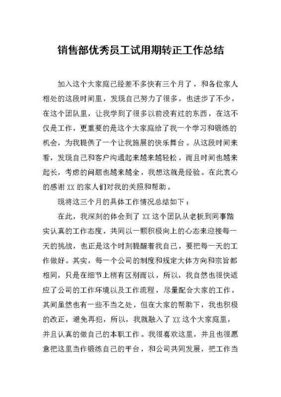 销售部优秀员工个人试用期转正年终工作总结Word模板-办公资源网