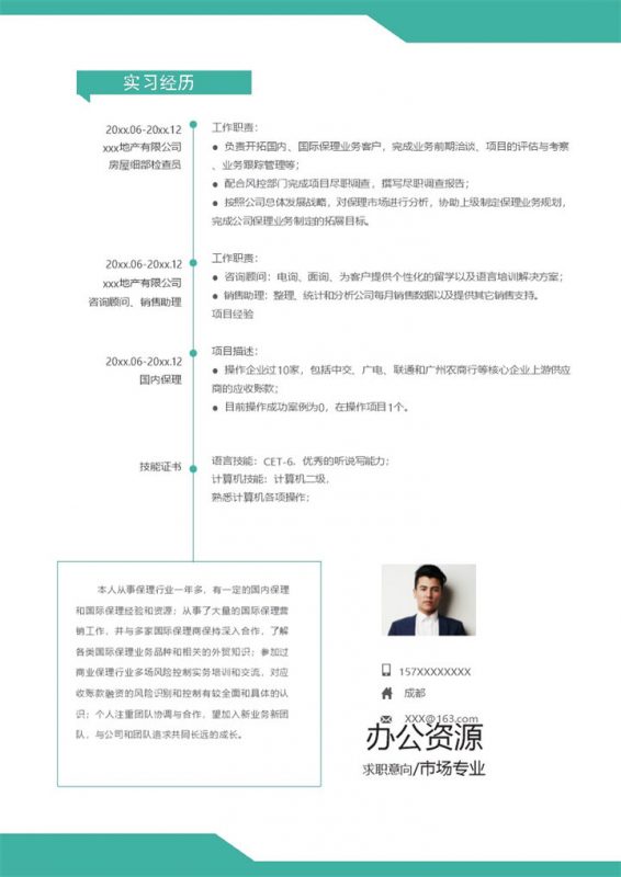 绿色简约风格市场专业个人求职简历Word模板-办公资源网