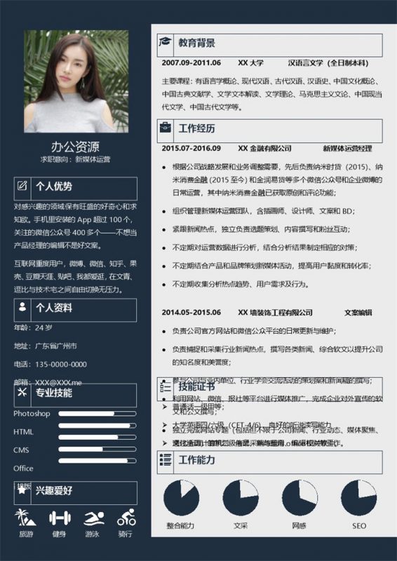 黑色新媒体运营工作通用求职简历Word模板-办公资源网