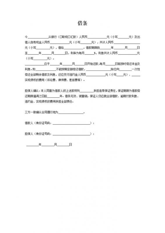 个人借款借条有担保人Word模板-办公资源网