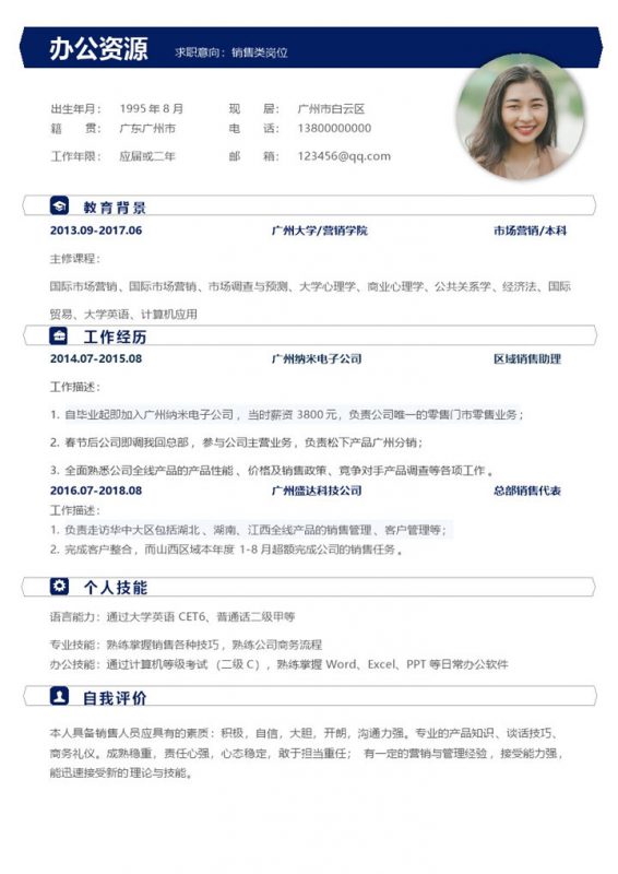 销售市场营销岗位个人简历Word模板-办公资源网