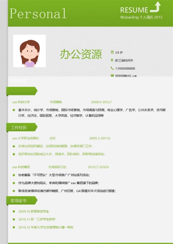 绿色简约设计市场营销求职简历Word模板-办公资源网