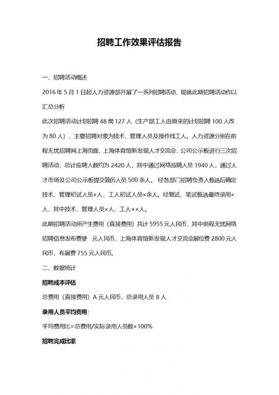 公司招聘工作效果评估报告Word模板-办公资源网