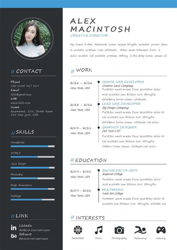 黑色大气创意总监求职简历个人简历Word模板-办公资源网