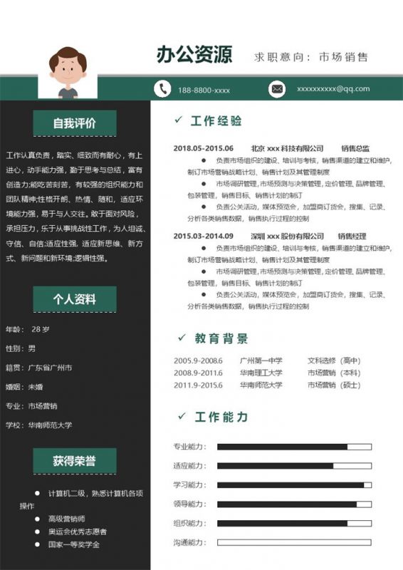 黑绿色高端个人求职网络销售简历Word模板-办公资源网