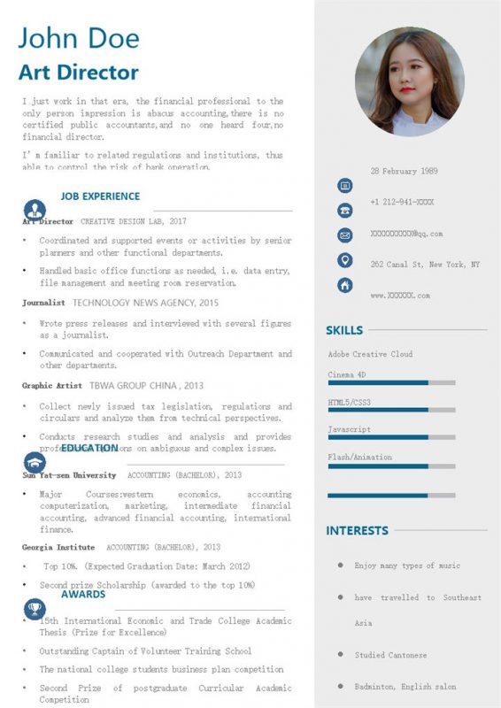 蓝白简约风格大学生英文求职简历Word模板-办公资源网