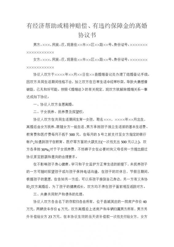 有经济帮助有违约保障金的离婚协议书Word模板-办公资源网
