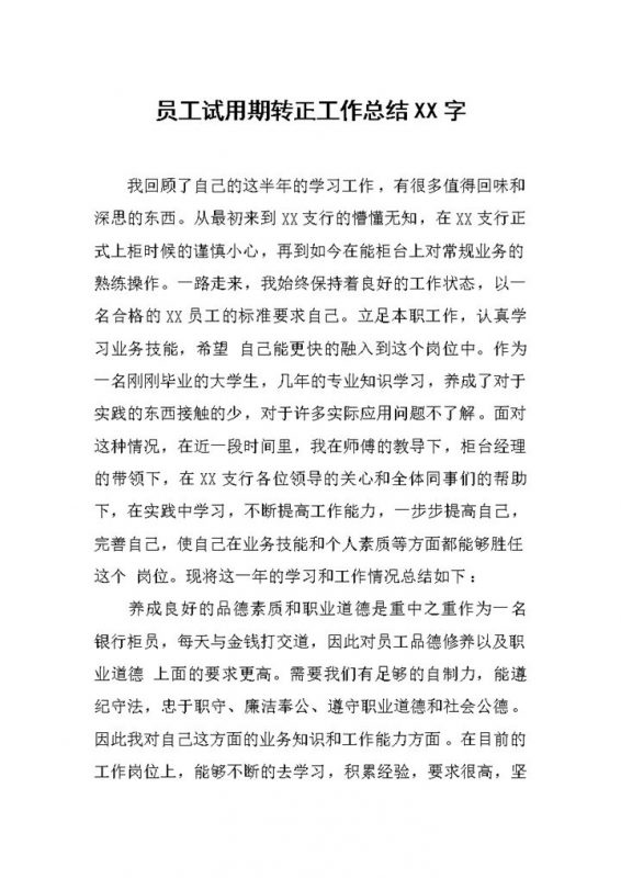员工银行柜员试用期年终转正工作总结Word模板-办公资源网