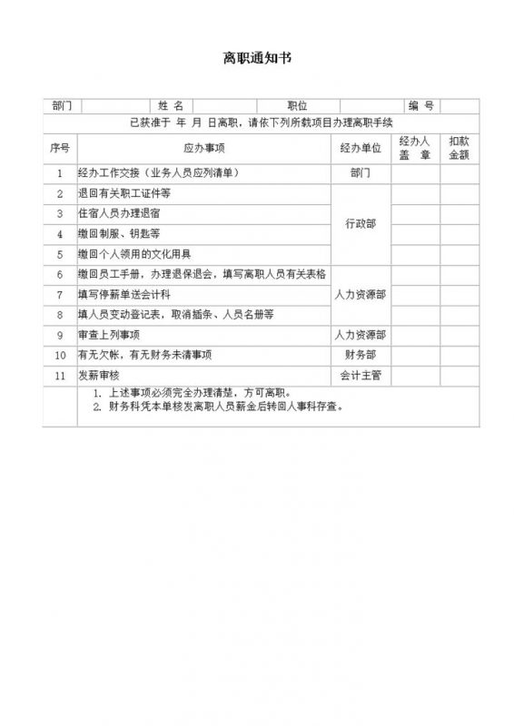 离职通知书及应办事项word模板-办公资源网