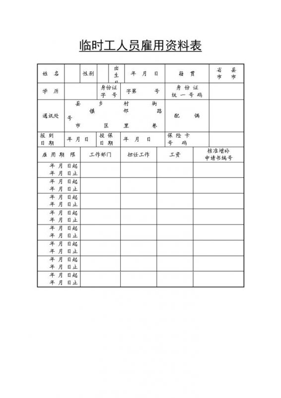 企业临时工人员雇用资料表Word模板-办公资源网