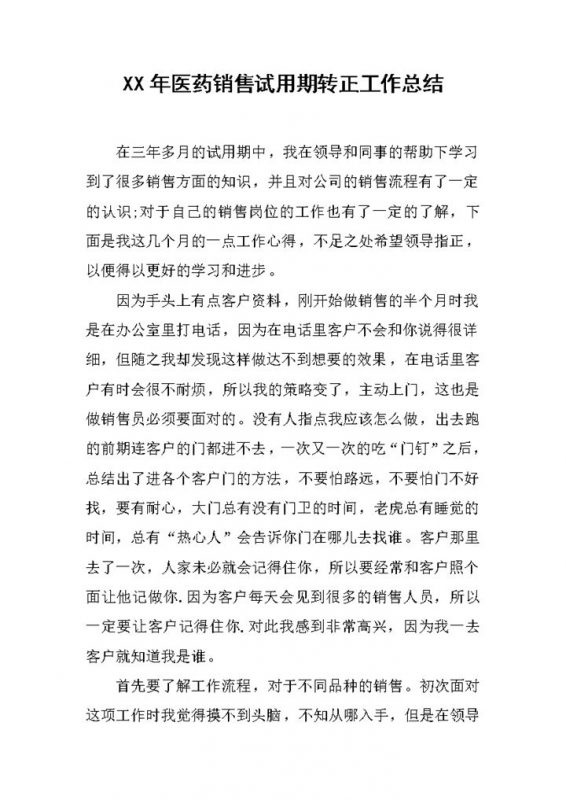 医药销售个人试用期转正年终工作总结Word模板-办公资源网