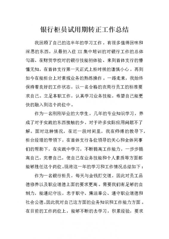银行柜员试用期转正通用的个人工作总结范本Word模板-办公资源网