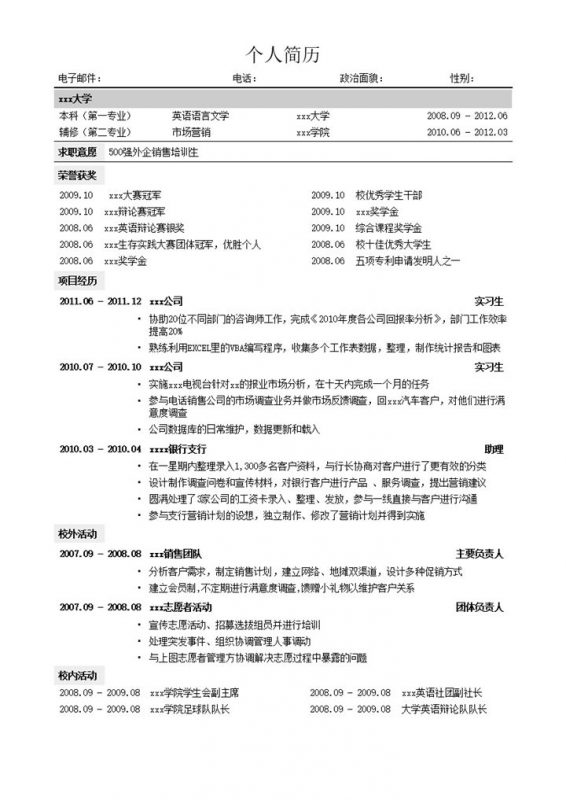 简洁列举式通用简历模板word模板-办公资源网
