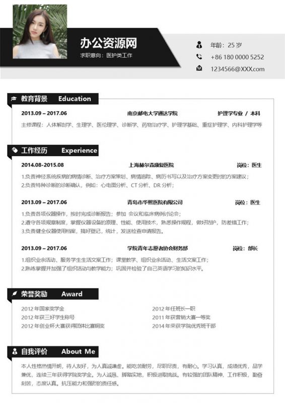 黑色商务风医护类工作个人简历Word模板 (2)-办公资源网