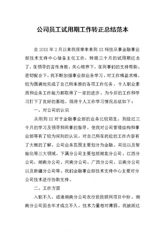 全新版公司员工试用期转正工作总结个人总结Word模板-办公资源网