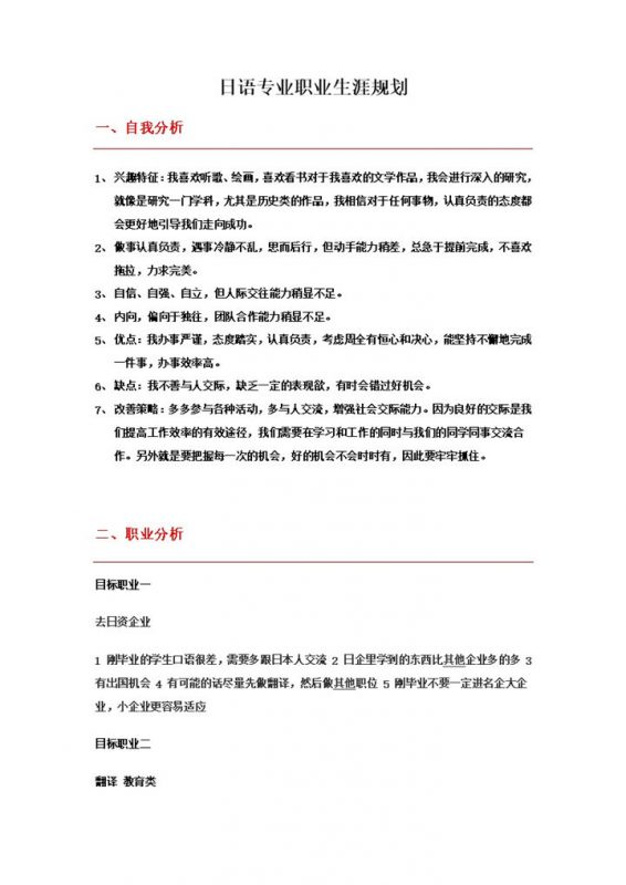 日语专业职业生涯规划书Word模板-办公资源网
