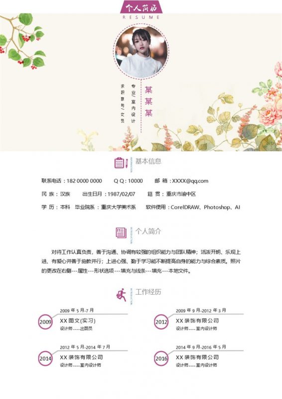 流行创意文员求职个人应聘简历Word模板-办公资源网