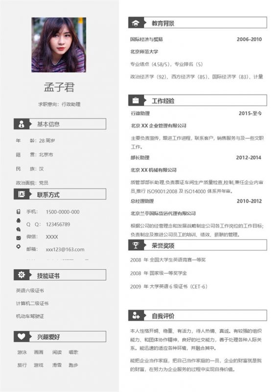 简约经典行政助理求职应聘工作简历Word模板-办公资源网