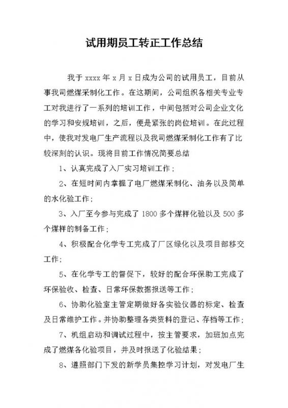 发电厂试用期员工转正通用个人工作总结范本Word模板-办公资源网