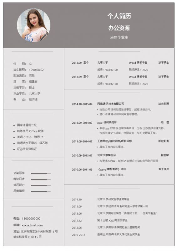 灰色简洁应届毕业生求职应聘简历范本Word模板-办公资源网