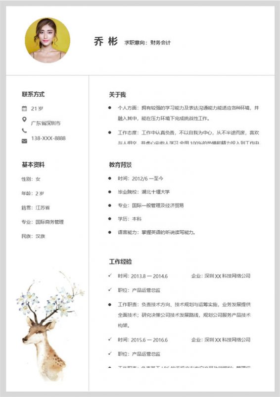 文艺风财务会计个人工作简历Word模板-办公资源网