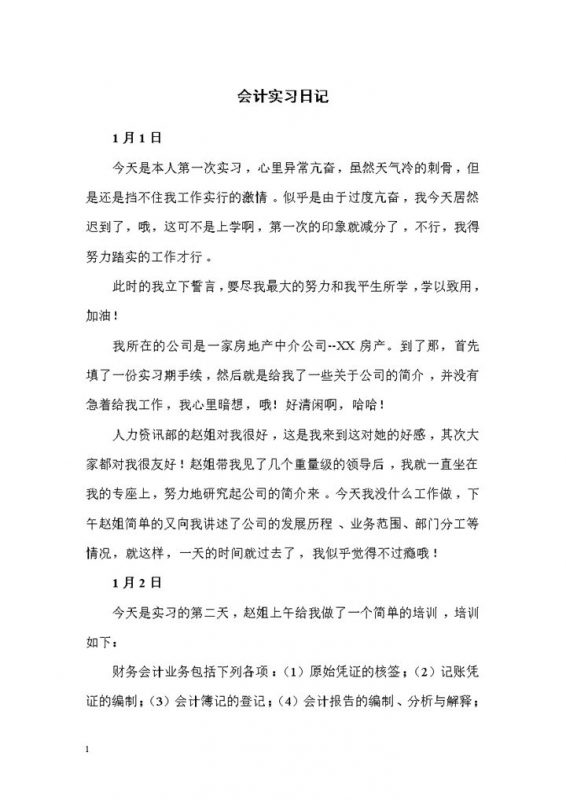XX房产会计文员实习日记财务会计专业实习日志Word模板-办公资源网