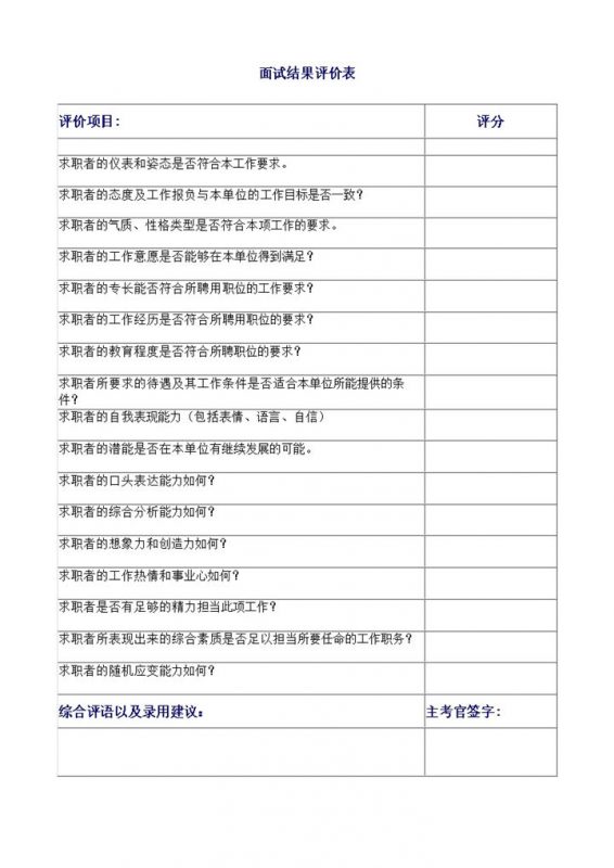 校园招聘面试结果评价表word模板-办公资源网
